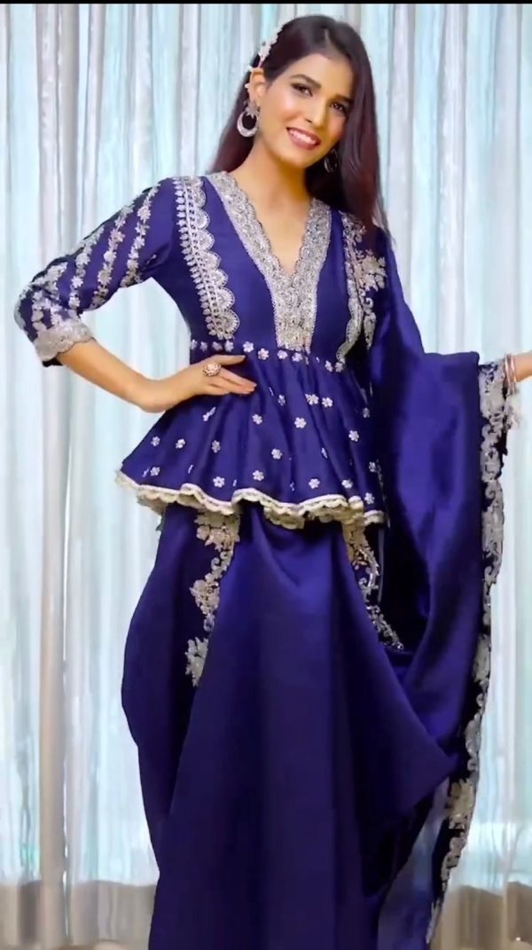 Aglow Royal Blue Color Japan Satin Embroidery Sequence Saree