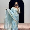 Aglow Sky Blue Color Jimmy Choo Thread Embroidery Work Saree