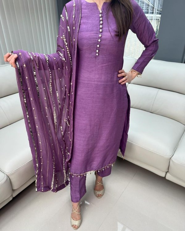 Aglow Violet Chinnon Silk Embroidery Coding Dori Salwar Suit