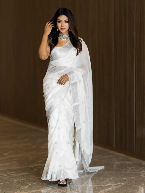 Aglow White Color Soft Lichi Silk Ordinary Design Rich Pallu Saree