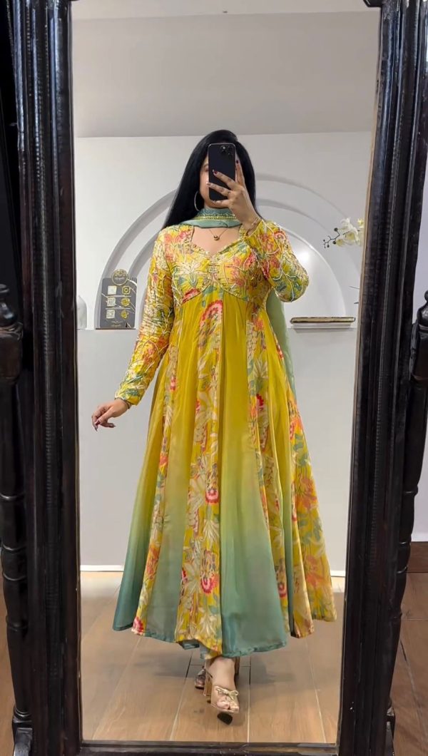 Aglow Yellow Color Muslin Digital Printed Hand Work Salwar Suit
