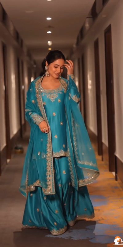 Artful Blue Color Chinnon Silk Embroidery Sequence Salwar Suit