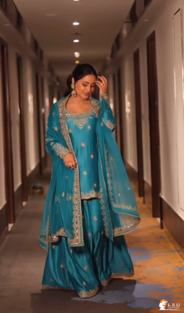 Artful Blue Color Chinnon Silk Embroidery Sequence Salwar Suit