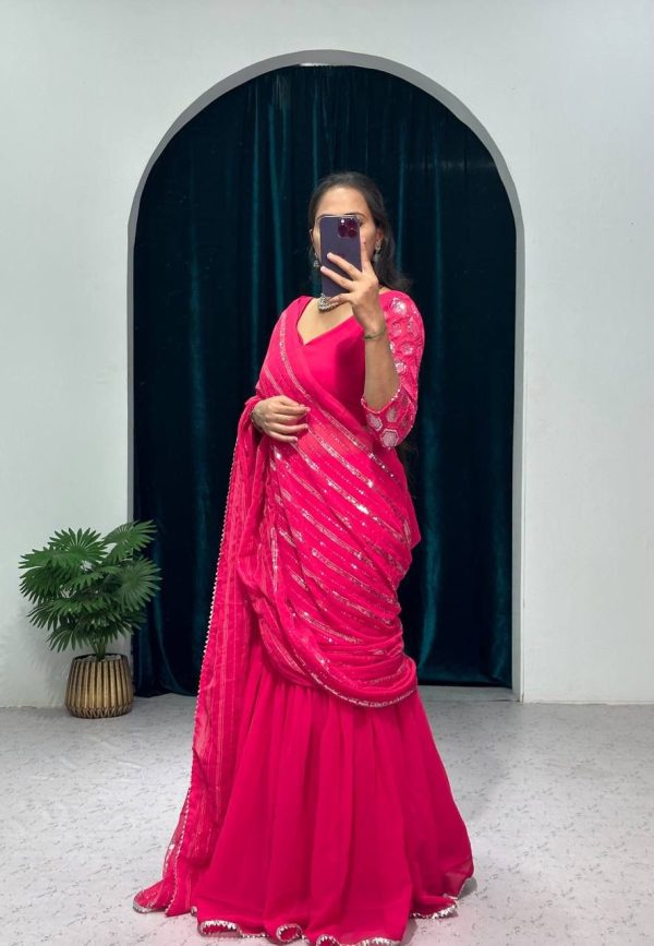 Artful Pink Color Georgette Embroidery Moti Work Lehenga Saree