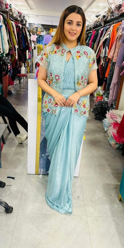 Beautiful Blue Color Chinon Silk Embroidered Sequence Saree