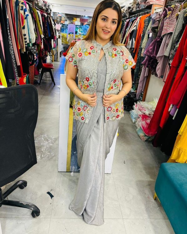 Beautiful Grey Color Chinon Silk Embroidered Sequence Saree
