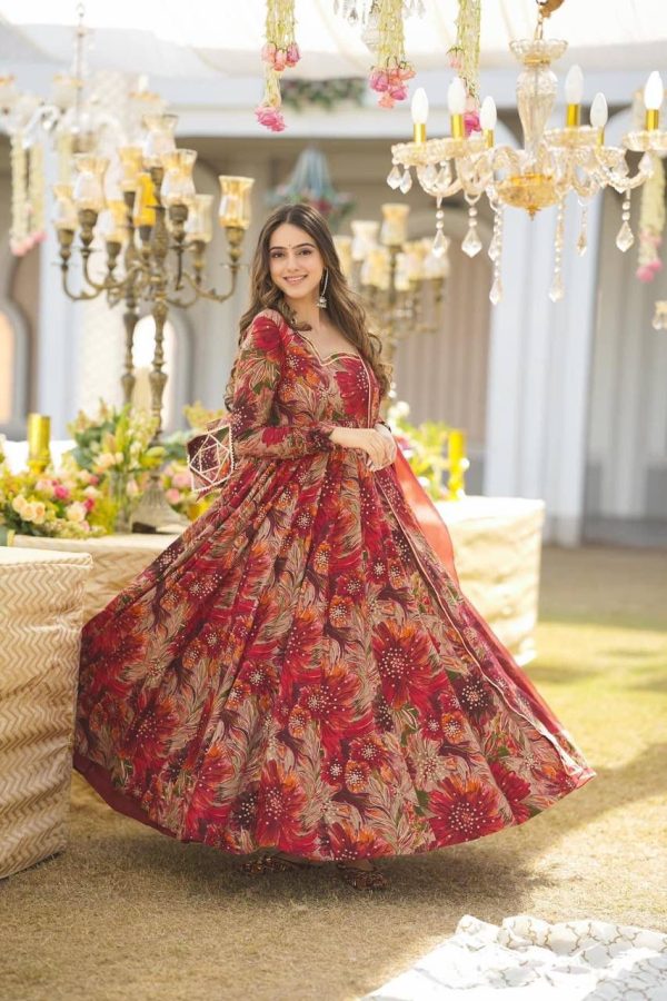 Beautiful Red Color Rayon Digital Printed Full Sleeves Gown