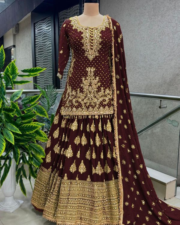 Captivating Maroon Color Chinnon Silk Embroidery Lehenga Choli