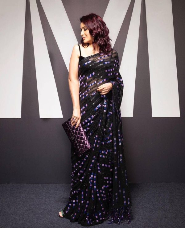 Classic Black Color Georgette Embroidery Lehenga Saree