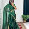 Classic Green Color Burberry Foil And Zari Embroidery Work Saree