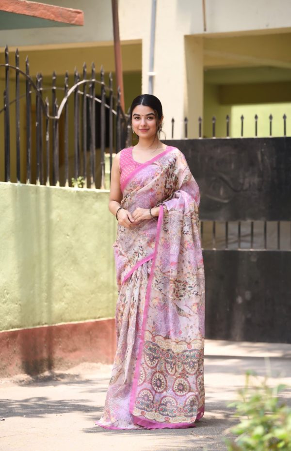 Classic Pink Color Linen Beautiful Digital Printed Work Saree