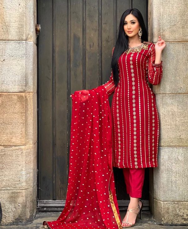 Classic Red Color Georgette Embroidery Sequence Salwar Suit 2