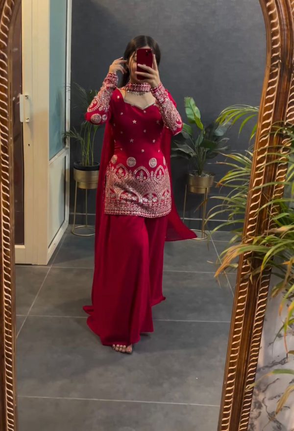 Classic Red Color Georgette Thread sequence Work Salwar Suit