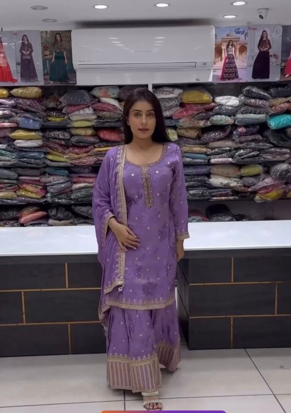 Classic Violet Color Chinnon Silk Embroidery Sequins Sharara Suit