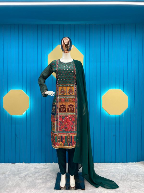 Dazzling Green Color Maslin Printed And Real Mirror Salwar Suit