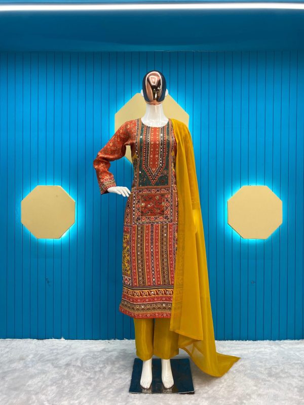 Dazzling Orange Color Maslin Printed And Real Mirror Salwar Suit