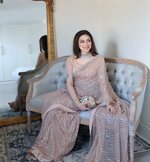 Dazzling Peach Color Georgette Embroidery Sequence Saree
