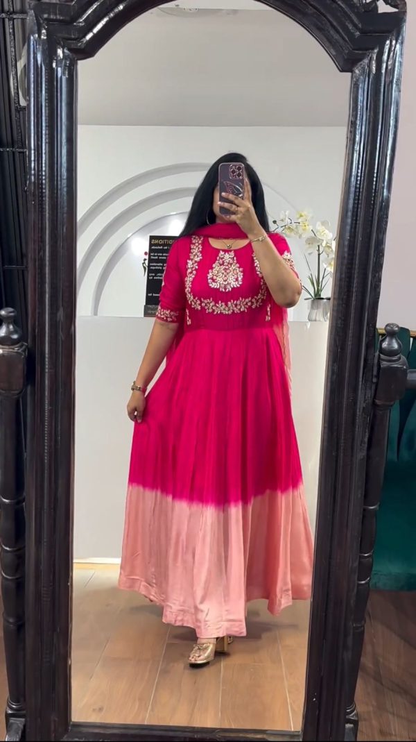 Dazzling Pink Color Chinon Dyeable Embroidery Thread Gown