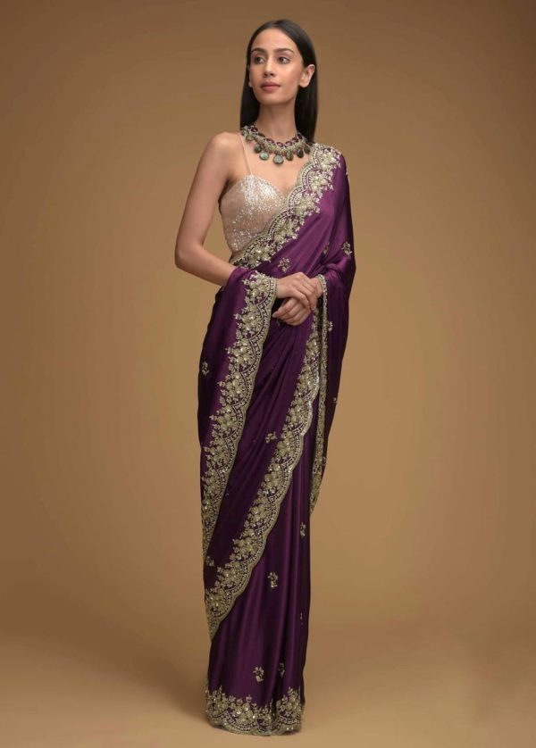 Dazzling Purple Color Rangoli Silk Embroidery Sequence Saree