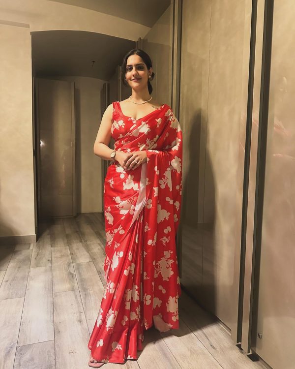 Diksha sharma Red Color Satin Silk Blouse Digital Print Saree