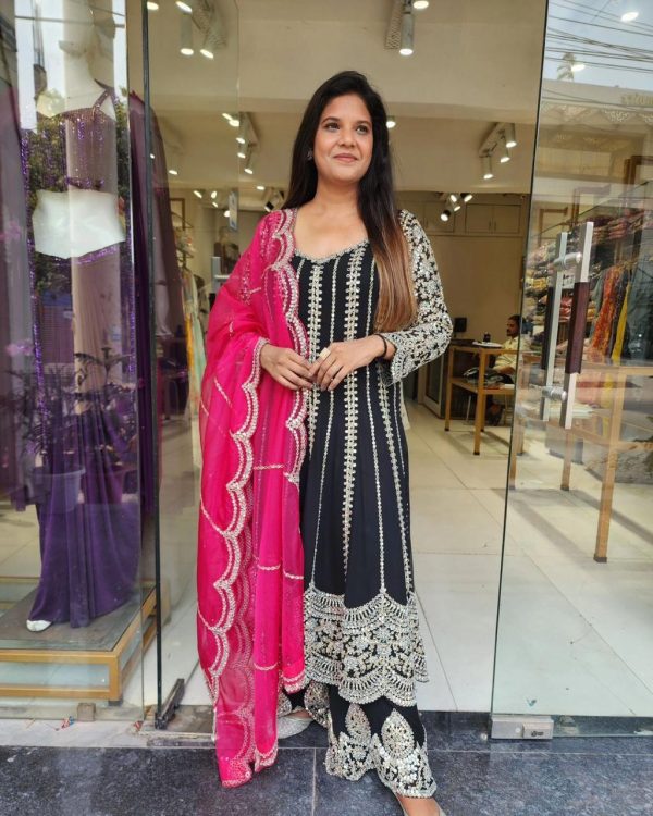 Elegant Black Color Chinon Silk Embroidery Sequence Salwar Suit