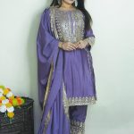 Elegant Dark Violet Color Chinnon Silk Embroidery Salwar Suit
