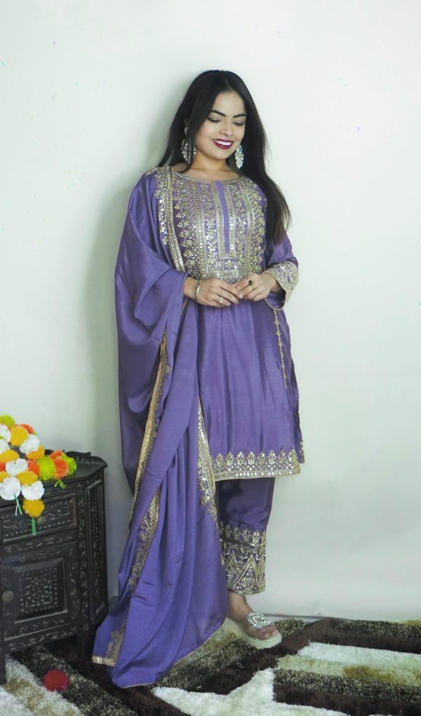 Elegant Dark Violet Color Chinnon Silk Embroidery Salwar Suit