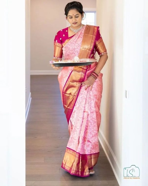 Elegant Pink Color Soft Silk Golden And Silver Zari Design Saree