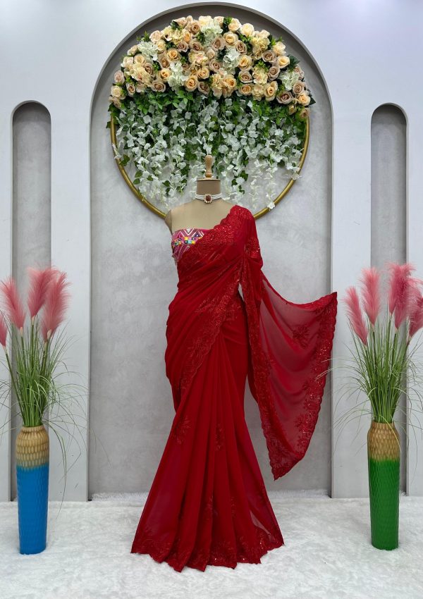 Elegant Red Color Faux Georgette Thread With Sequence Saree
