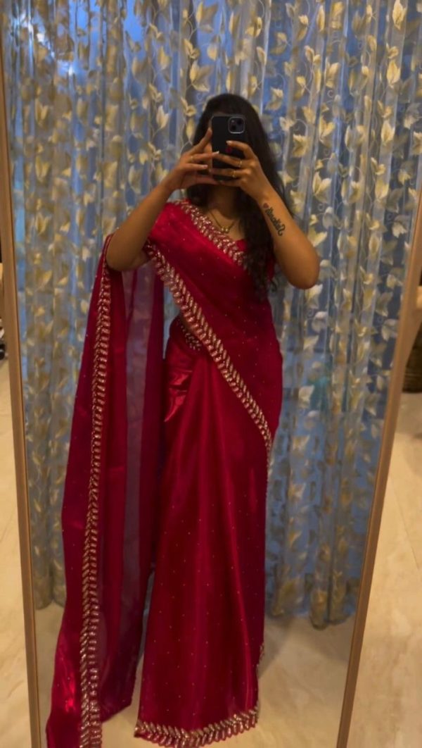Elegant Red Color Soft Jimmy Choo Embroidery Sequence Saree