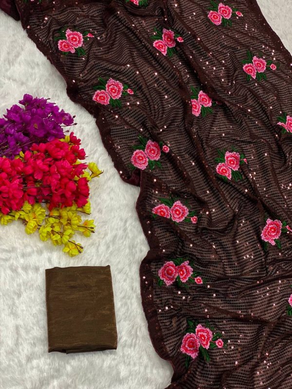 Fancy Coffee Color Georgette Sequence Multi Thread Work Saree