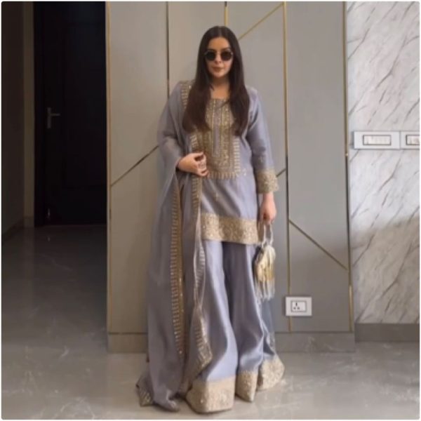 Fancy Grey Color Chinnon Silk Embroidery Sequence Salwar Suit