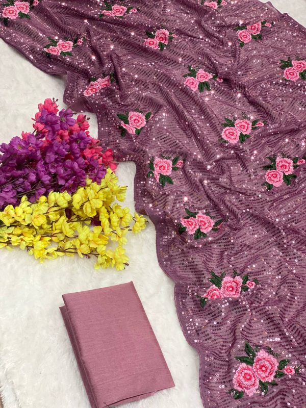 Fancy Pink Color Georgette Sequence Multi Thread Work Saree