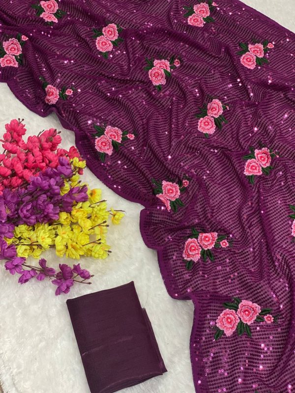 Fancy Purple Color Georgette Sequence Multi Thread Work Saree