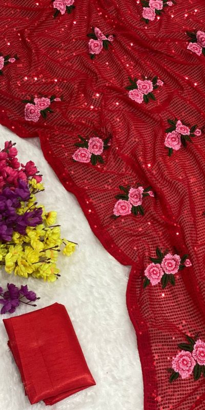 Fancy Red Color Georgette Sequence Multi Thread Work Saree