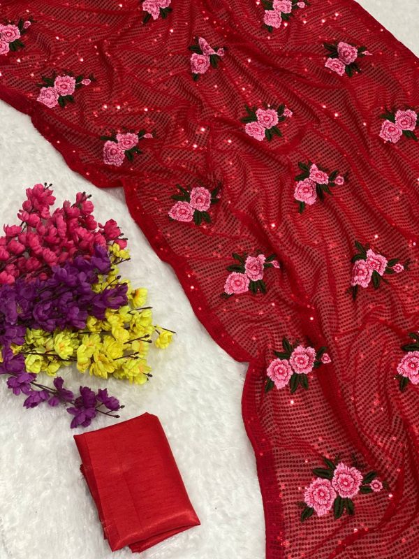 Fancy Red Color Georgette Sequence Multi Thread Work Saree