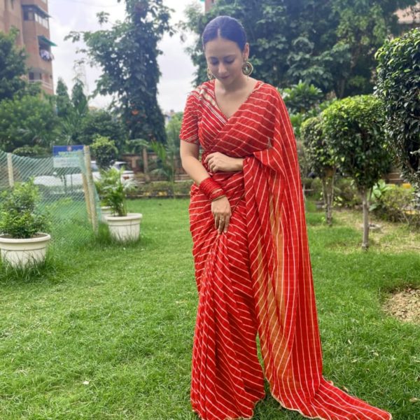 Fancy Red Color Soft Georgette Digital Leheriya Printed Saree