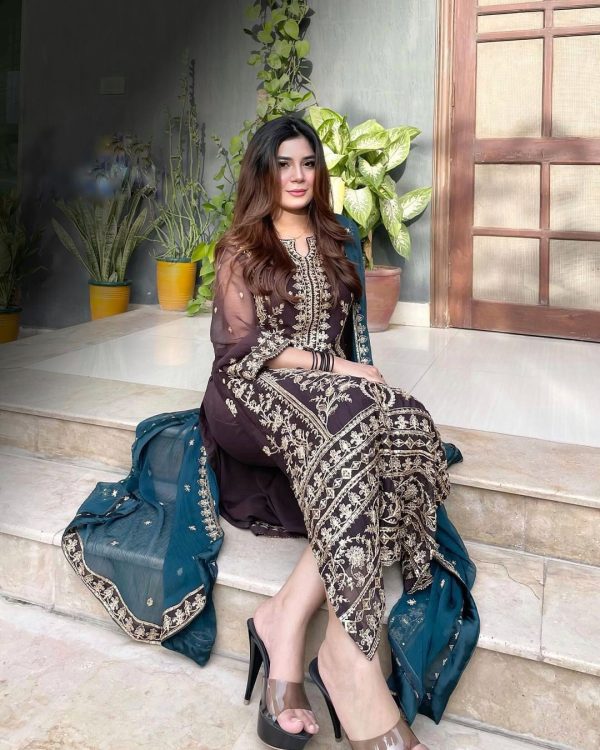 Fine Coffee Color Chinnon Silk Embroidery Sequins Sharara Suit