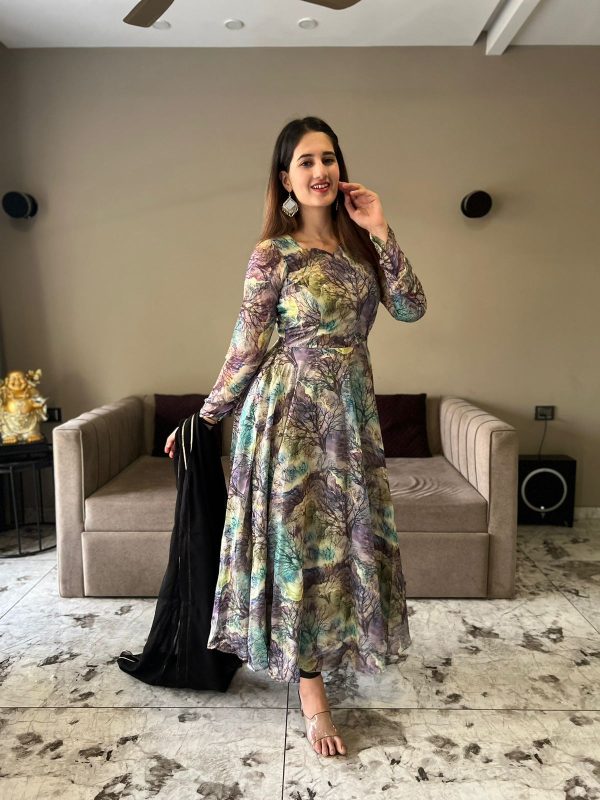 Fine Grey Color Tabhi Organza Material Digital Printed Anarkali Suit