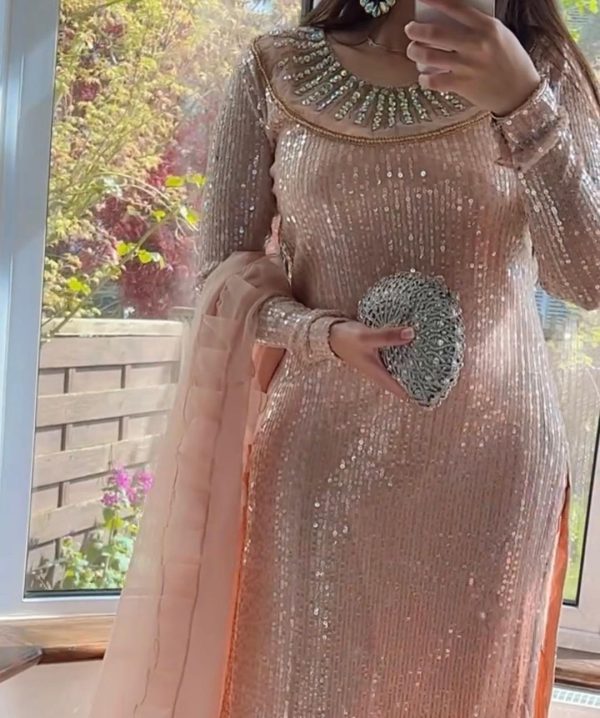 Fine Peach Color Georgette Embroidery Real Mirror Salwar Suit