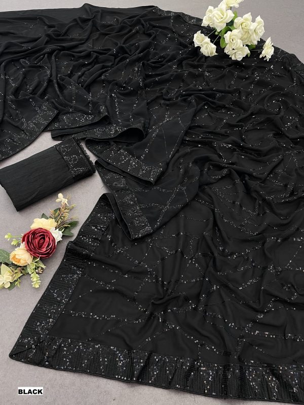 Glamorous Black Color Georgette Sequins Embroidery Work Saree