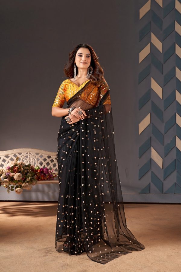 Glamorous Black Color Heavy Butterfly Net Embroidery Saree