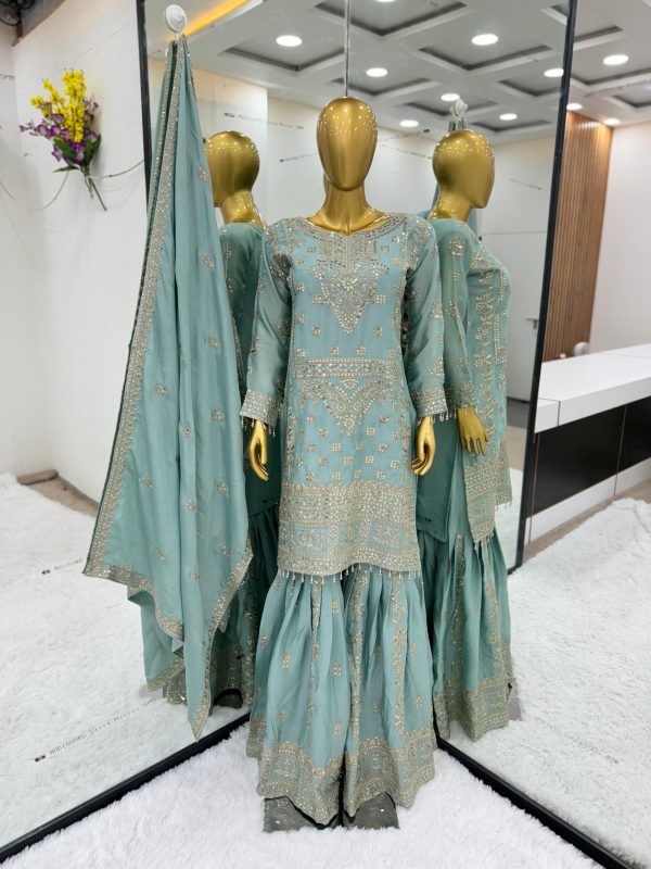 Glamorous Blue Color Chinnon Embroidery Sequence Salwar Suit