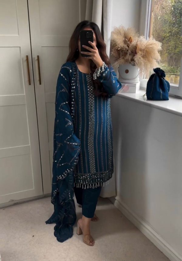Glamorous Blue Color Faux Georgette Embroidery Salwar Suit
