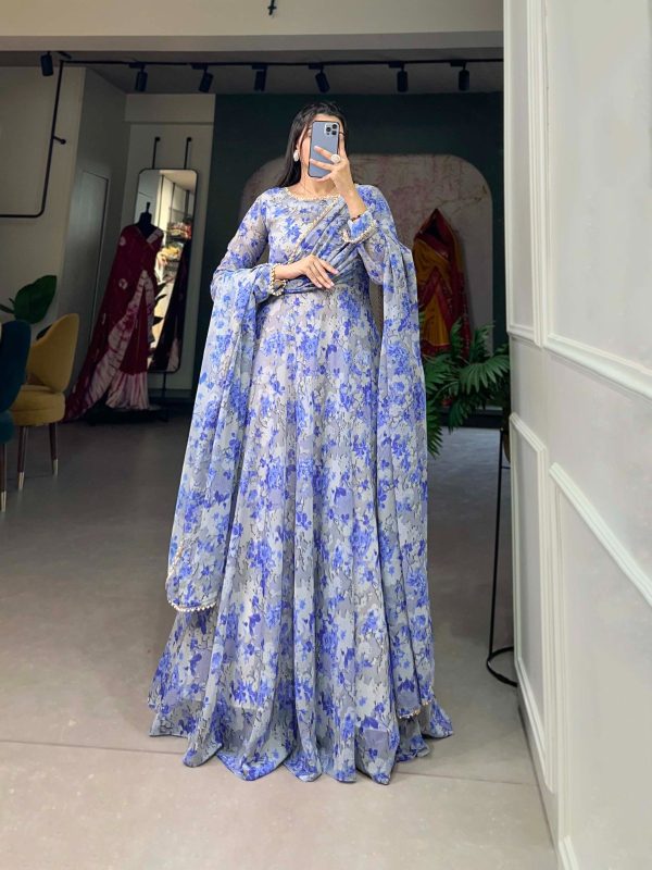 Glamorous Blue Color Georgette Floral Printed Work Gown