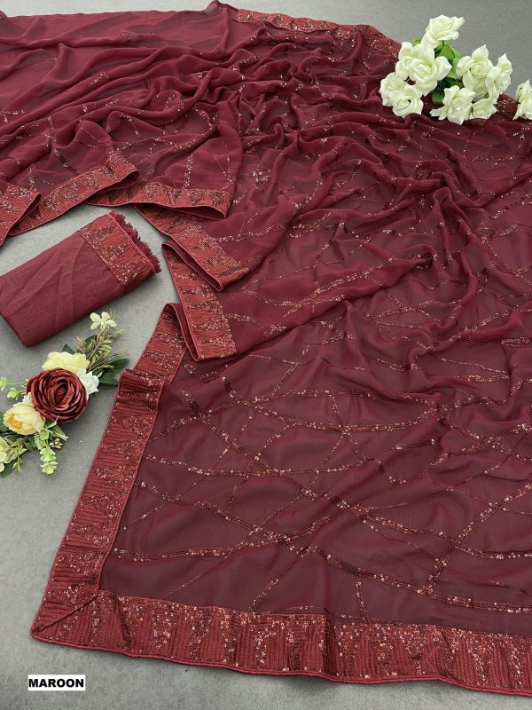 Glamorous Maroon Color Georgette Sequins Embroidery Saree