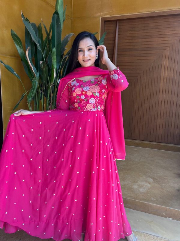 Glamorous Pink Color Fox Georgette Embroidery Lace Work Gown