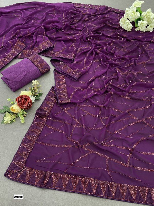 Glamorous Purple Color Georgette Sequins Embroidery Saree