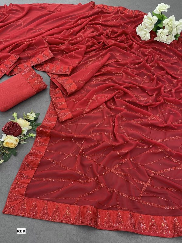 Glamorous Red Color Georgette Sequins Embroidery Work Saree