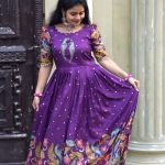 Glamorous Violet Color Chant Crepe Kalamkari Printed Gown